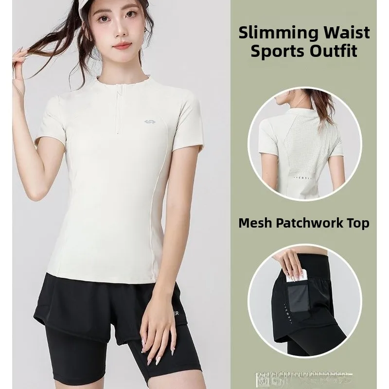 Professionelles Damen-Sommer-Lauf-Sportbekleidungsset, atmungsaktiv, Qui Dry ort Sve Top, schlankmachende Outdoor-Trainingskleidung