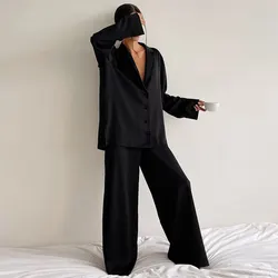 Women Silk Pajamas Lce Silk Loose Low Cut Sexy Single Breasted Long Sleeved Wide Leg Pants Can Be Worn Externally