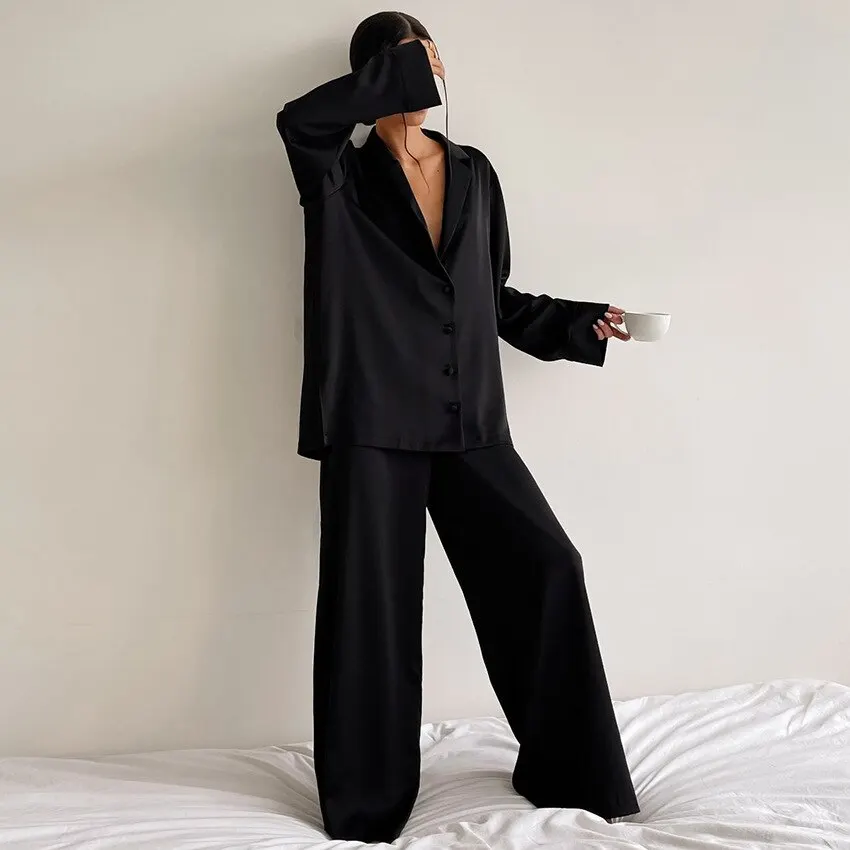 Women Silk Pajamas Lce Silk Loose Low Cut Sexy Single Breasted Long Sleeved Wide Leg Pants Can Be Worn Externally