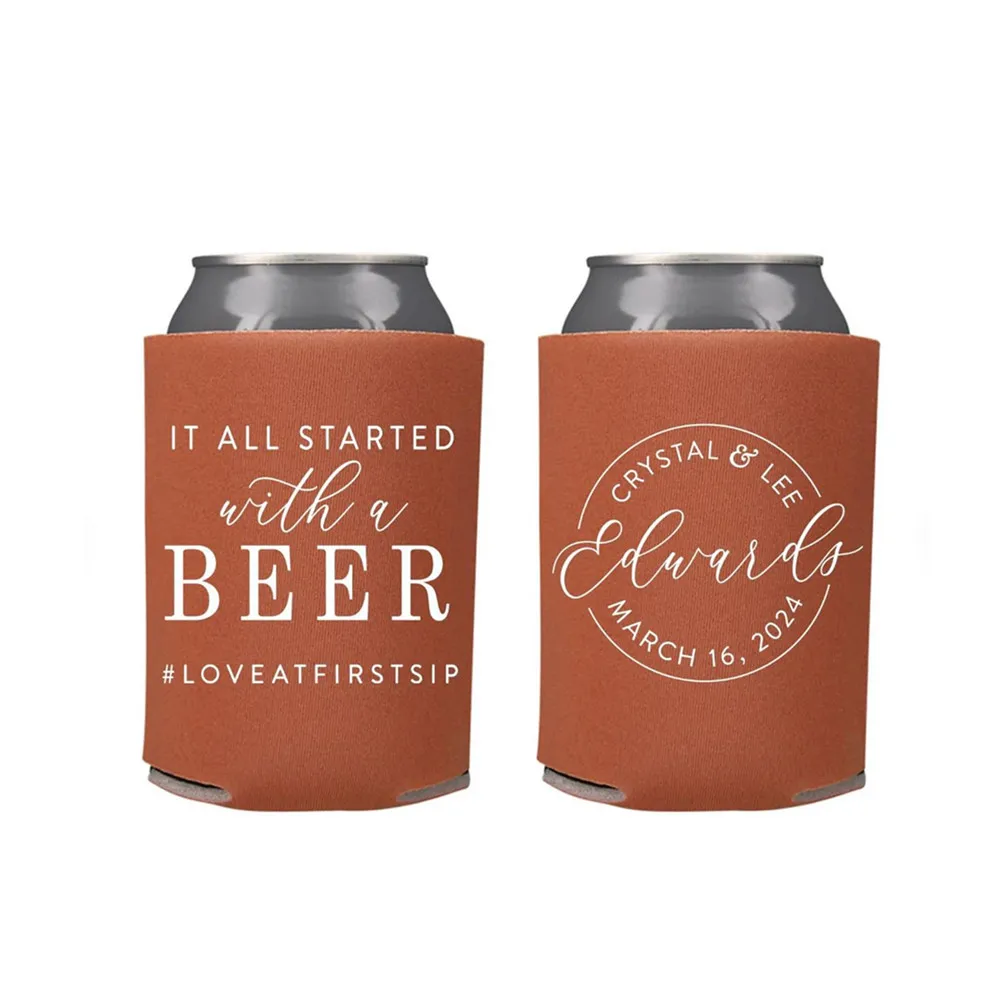 

It All Started With A Beer - Wedding Can Cooler #209R - Custom - Wedding Favors, Beverage Insulators, Beer Huggers, Wedding, Bee