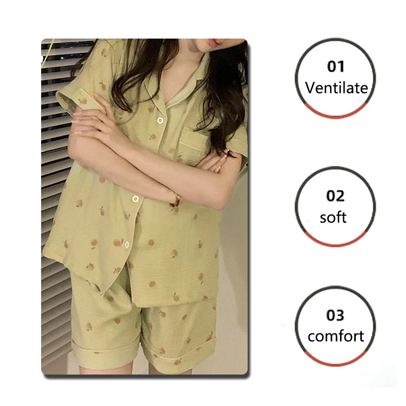 Women\'s Pajamas Set Foam Cotton Sleepwear Button down Tops and Shorts Pajama 2 Piece Suit Femme Nightwear Loungewear for Summer