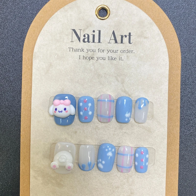 Uñas postizas Kawaii cortas hechas a mano, uñas postizas con dijes diseñados para perros, con pegamento, uñas artificiales de cobertura completa, artísticas