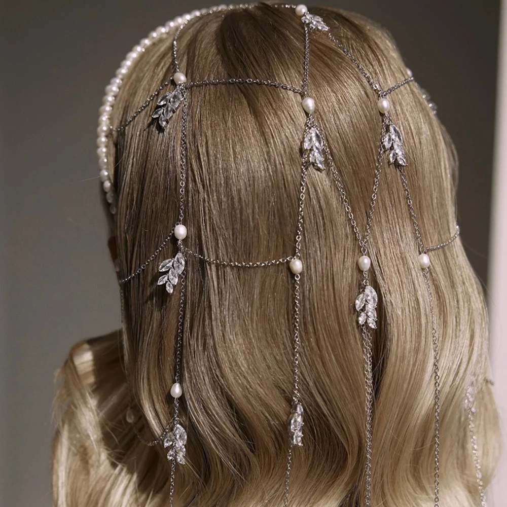 Marquise Cut Zircon Leaf Hair Net Luxury Bridal Chandelier Tassel Back Crown Radiant Diamond Look Wedding Styling Ornament view 5