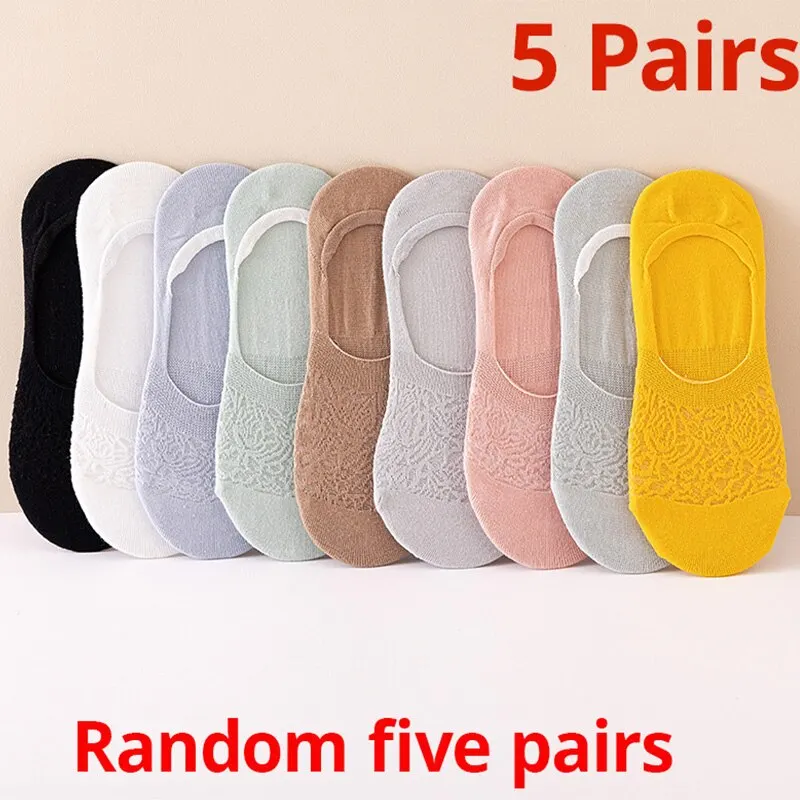 5 Pairs Summer Mesh Womens Thin Breathable Hollow Invisible Socks Silicone Non Slip Socks Candy Colored Female Socks