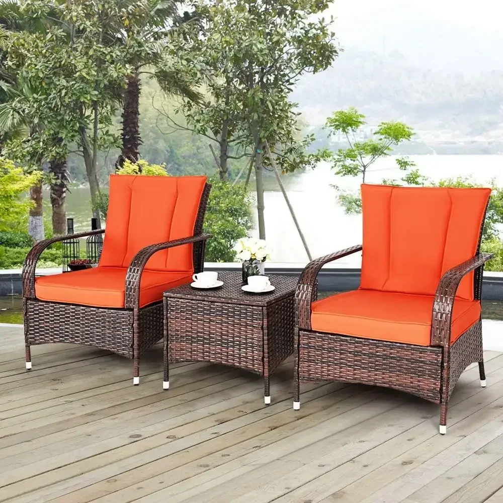 3-Piece Patio Furniture Set: 2 Wicker Chairs with Glass Top Coffee Table, Outdoor Garden Porch Poolside Set