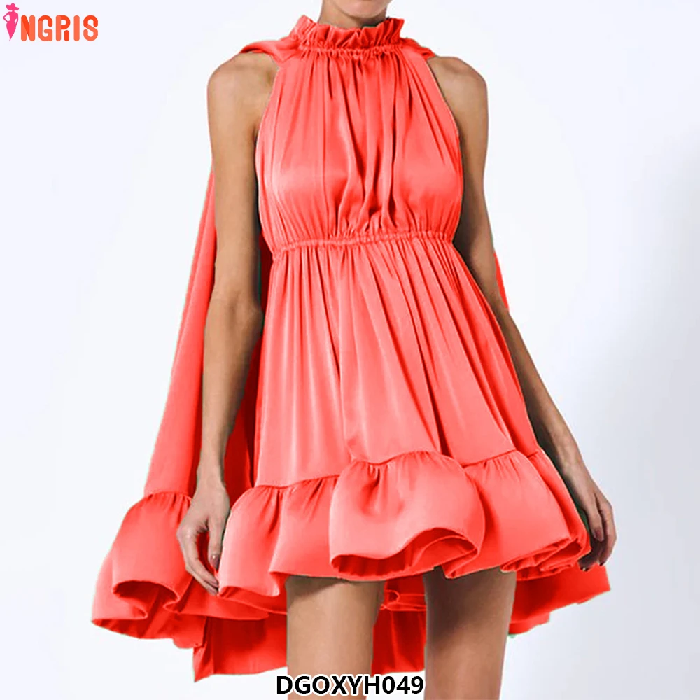 

2025 Summer Stand Collar Patchwork Ruffle Elegant Dress Women's Dress-DGOXYH049