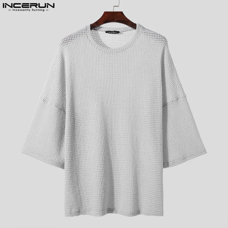 2024 Men T Shirt Solid Color Hollow Out O-neck Short Sleeve Men Clothing Transparent Streetwear Loose Fashion Tee Tops INCERUN