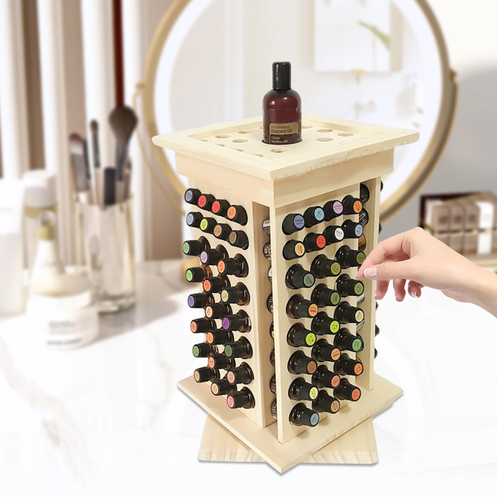 

104 Hole Essential Oil Bottle Display,Rack Rotating Nail Polish Bottle Storage Organizer,Wooden Coconut Oil Bottle Display Shelf