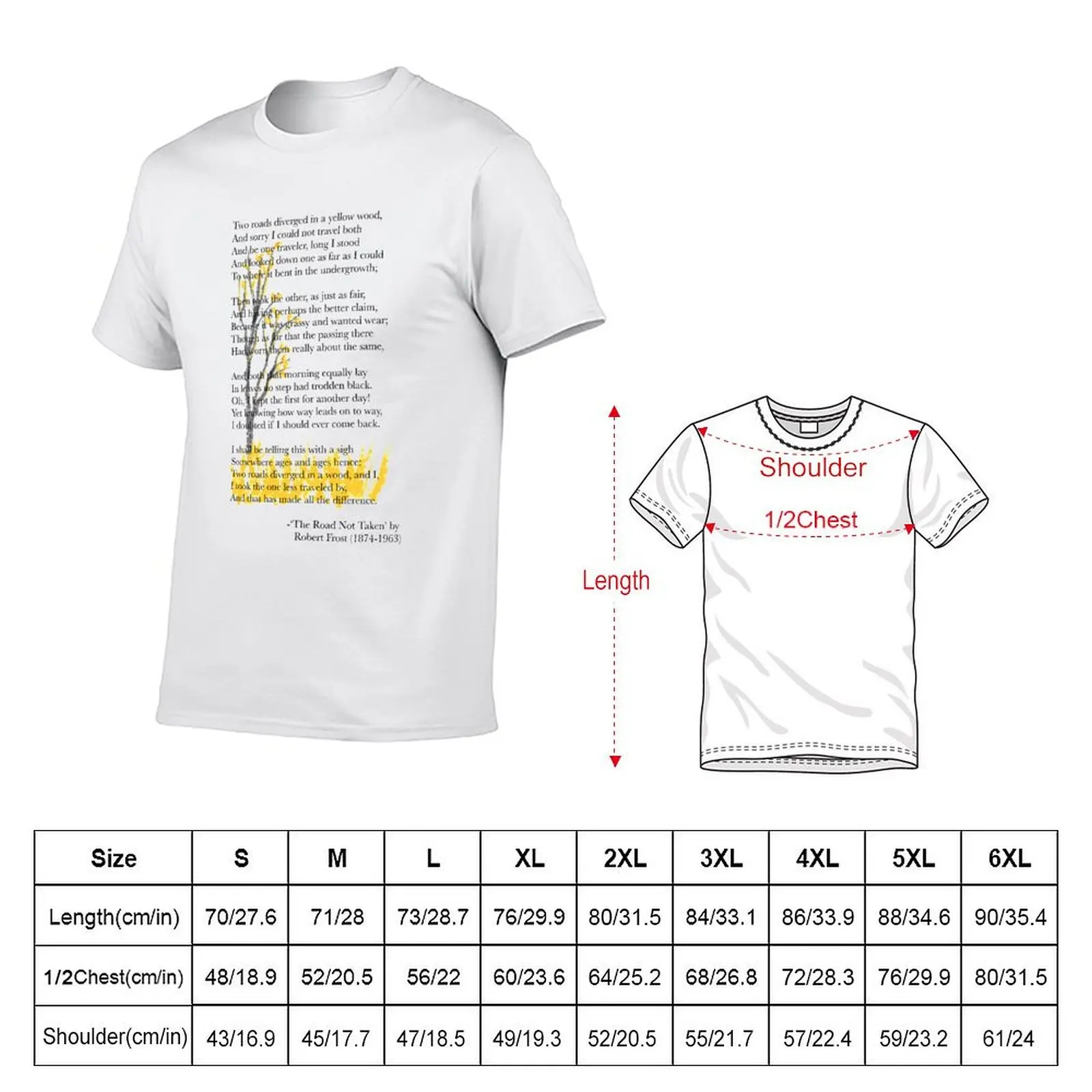 ‘The Road Not Taken’ by Robert Frost Art & text blend (Yellow) T-Shirt Long Lasting Casual T-Shirt