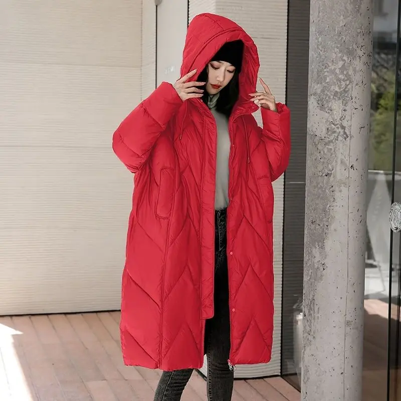 Female Thicken Warm Winter Down Cotton Jacket Medium Long Over The Knee Winter New Retro Chinese Large Size Hooded Coat