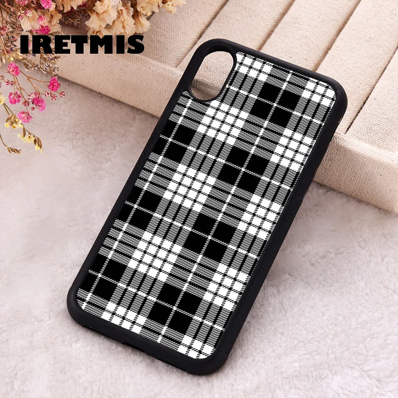 Iretmis Phone Cover Case For iPhone X XS Max XR 11 12 13 PRO MINI 14 15 16 Plus Rubber Silicone TPU BLACK PLAID