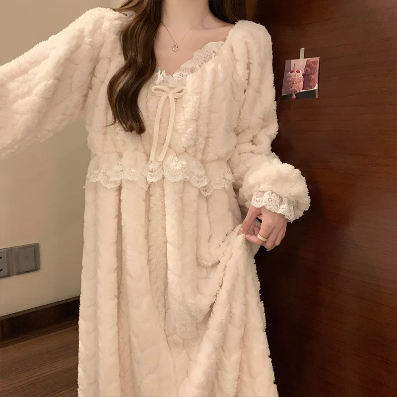 Winter Nightgowns for Women Lace Homewear Princess Style Nightdress Long Sleeves Flannel Warm Roomwear Sleepwear Robe Night