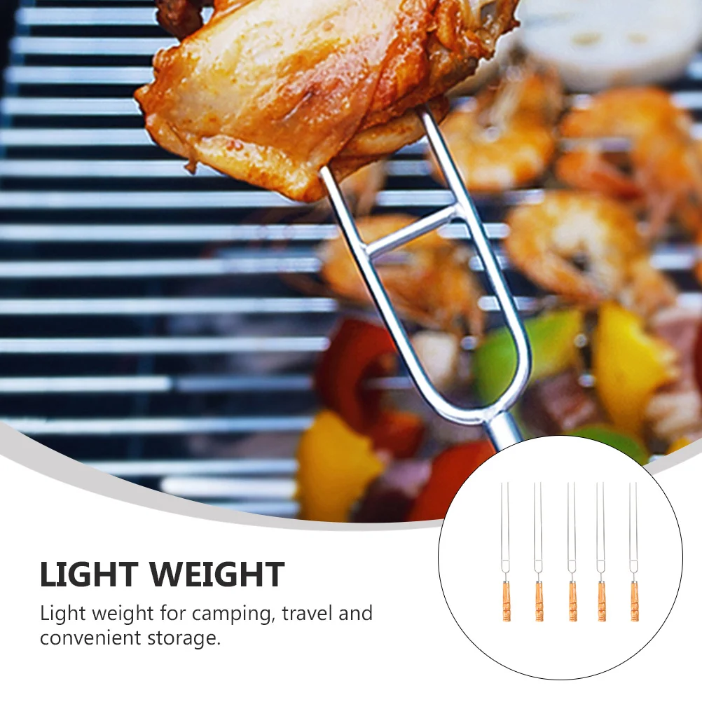 

5Pcs Stainless Steel Chicken Wing Forks Wooden Handle Outdoor Bbq Tools Rotatable U Shape Roasting Tools for Barbecue Party