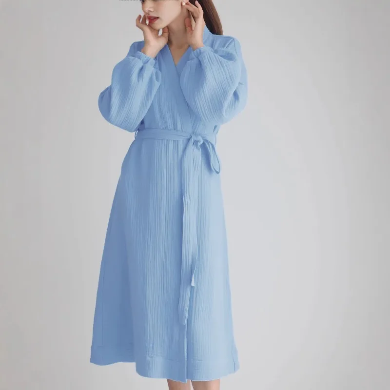 Pajama Underwear Lounge Robe Women Solid Cardigan Ankle Length Lantern Sleeve Sleepwear Lace Up Open Stitch Robes