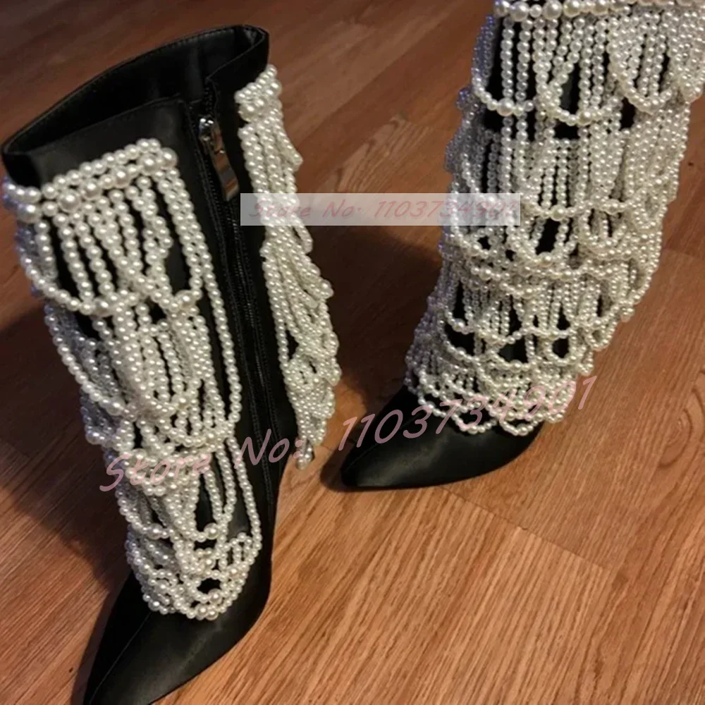 Pearl Chain Verzierte Satin Black Boots Women Classy Pointy Toe Zip Mid Calf Thin High Heels Shoes Lady Sexy Fashion Showy Boots