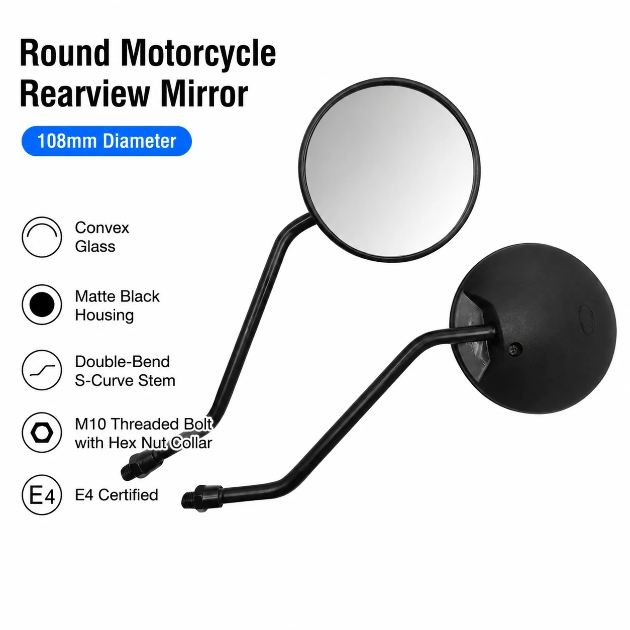Vintage Round Motorcycle Rear‑View Mirror, Iron Stem ABS Housing, Positive Thread Mirror For CF125‑3A ST Baboon, Honda CG125