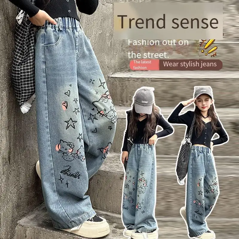 Sanrio Child Wide Legs Jeans Girl Baby Spring Style Cute Cartoon Hello Kitty Printing Trend Fashion Leisure Floor Mopping Pants