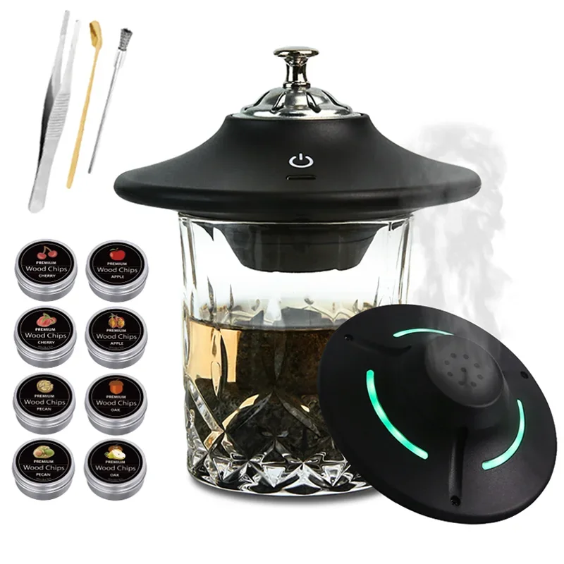 

Электрический перезаряжаемый набор для курильщика для виски, набор для коктейлей с 8 деревянными чипсами, камнями и аксессуарами для виски Bourbon