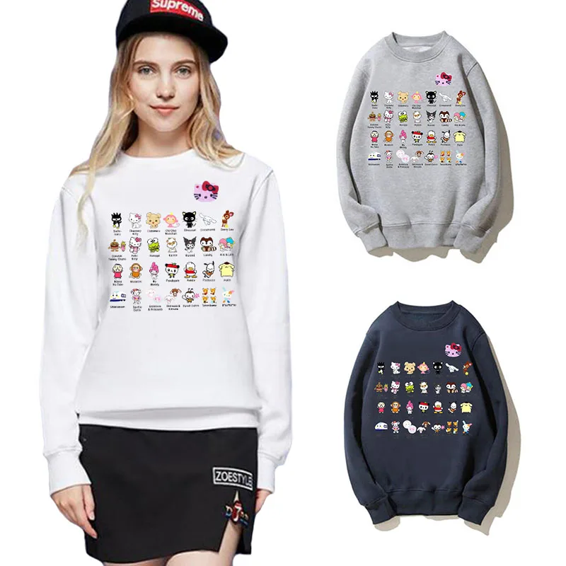

Women Long Sleeved Fleece O-neck Sweater Cute Pink Cat Embroidery Cartoon Animal Ranking Print Autumn Winter Cotton Sweater