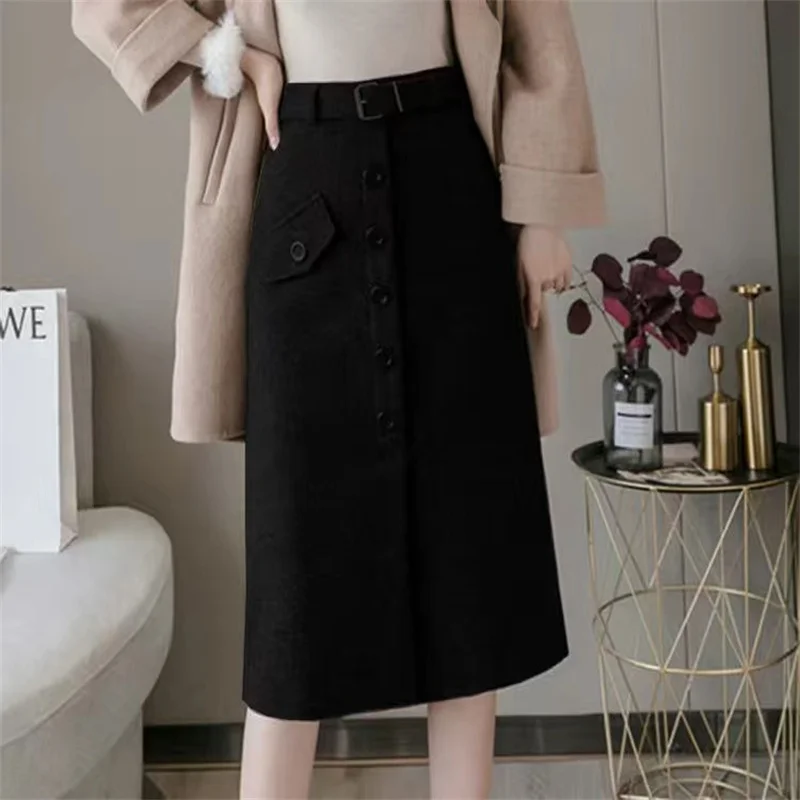 Warm Woolen Winter Skirts Women Korean Fashion Apricot Button Up Luxury Elegant Party Skirt Faldas Para Mujeres Rokjes with Belt