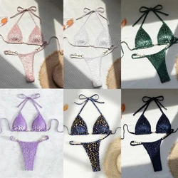 2024 różowa zestawy Bikini seksowna lampart aksamitny materiałowy strój do kąpieli kobiet w kształcie litery T mikro stringi Mujer strun Halter Mini stroje kąpielowe