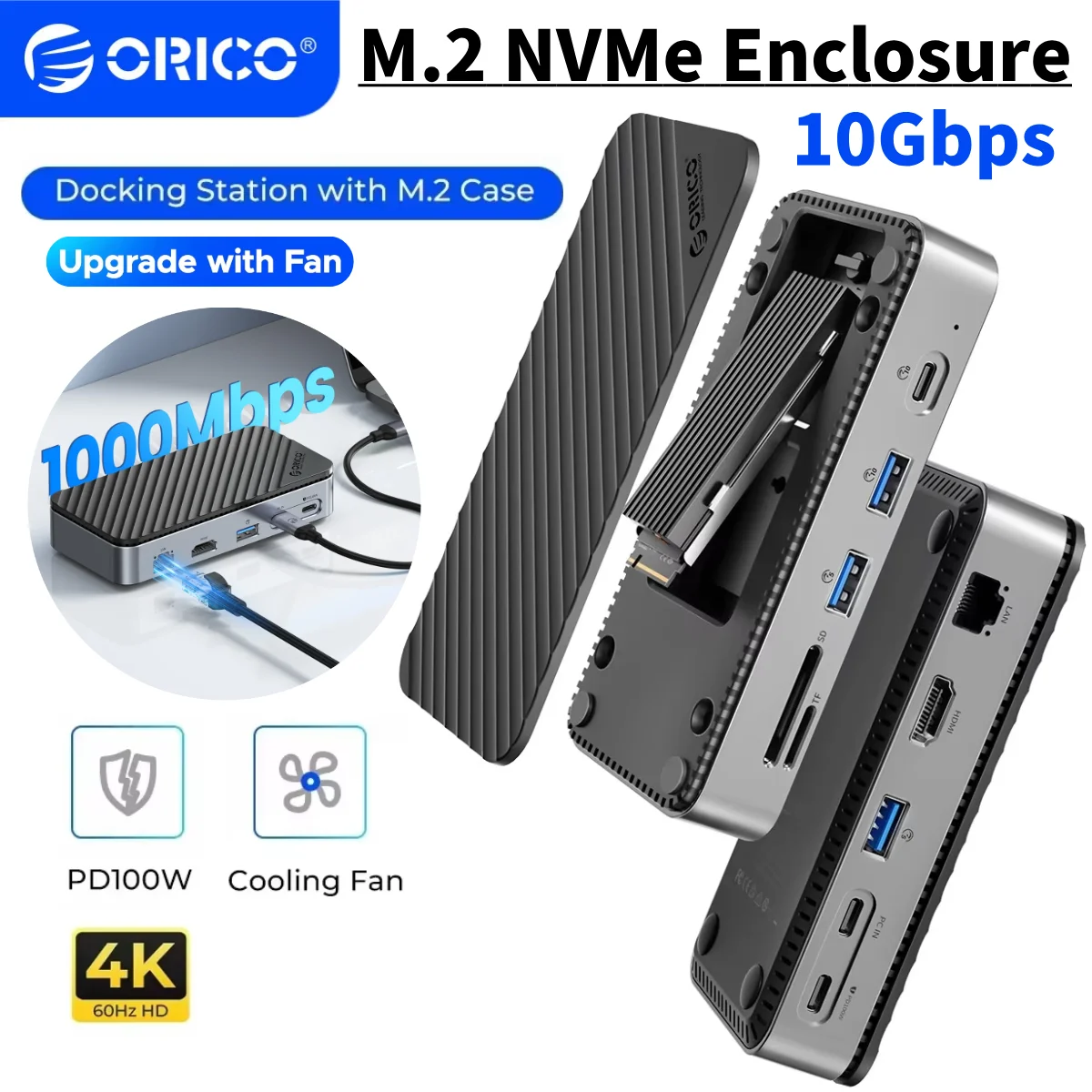 

Корпус ORICO M.2 SSD M.2 NVMe Внешний адаптер корпуса SSD 10 Гбит/с 4K 60 Гц SD/TF USB-док-станция типа C HUB с охлаждающим вентилятором