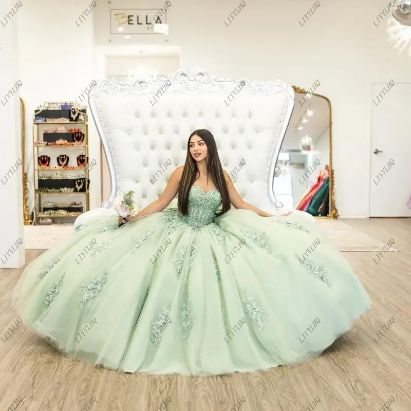 Big Bow Sage Green Sweet 16. Quinceanera Dresses Prom Gowns Off Shoulder Applique Lace Tulle Vestidos De 15 Anos Ball Gowns