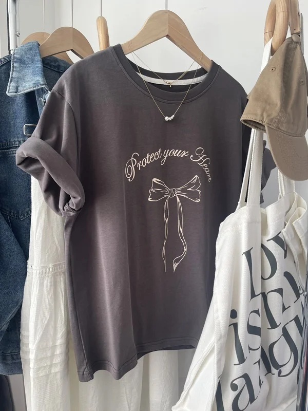 

plus Size 300 Pou Letter Bow Knot Print ort Sve T-irt Women's Casual Loose Faionable Top Spring Summer Wear