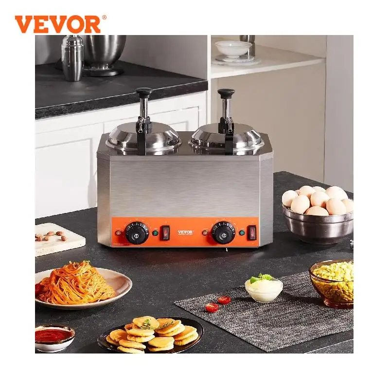 VEVOR Electric Cheese Dispenser with Pumps, 2.3x2 Qt Commercial Hot Fudge Warmer, 86-230℉ Temp Adjustable Nacho Cheese Warmer.