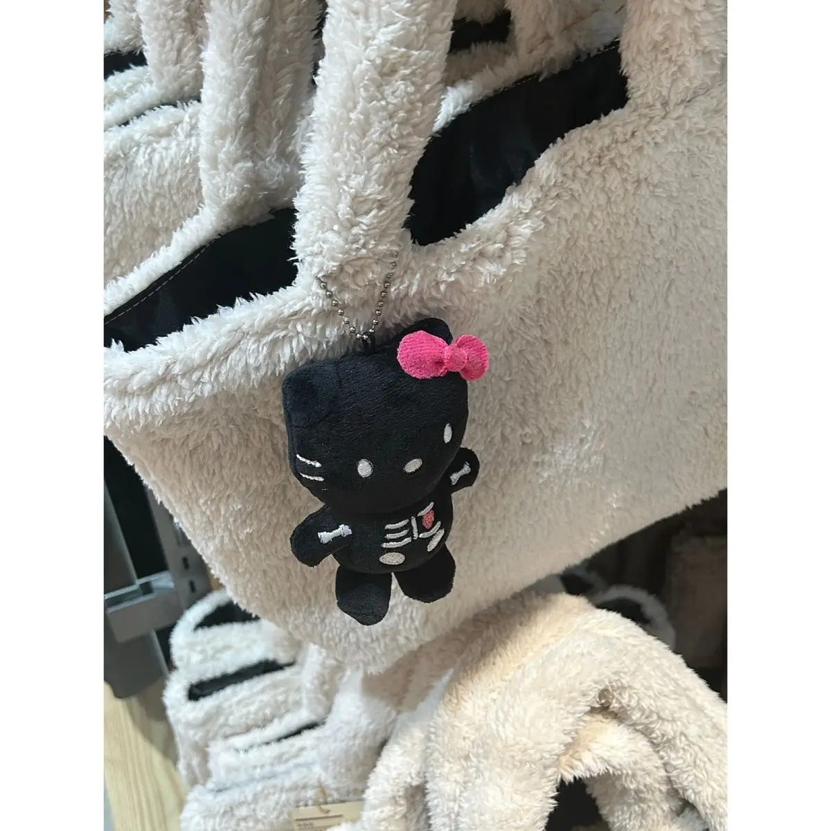 Black Hello Kitty Plush Keychain Plushies Y2k Hello Kitty Skeleton Backpack Pendant Plush Dolls For Girls Cartoon Kids Toys Gift