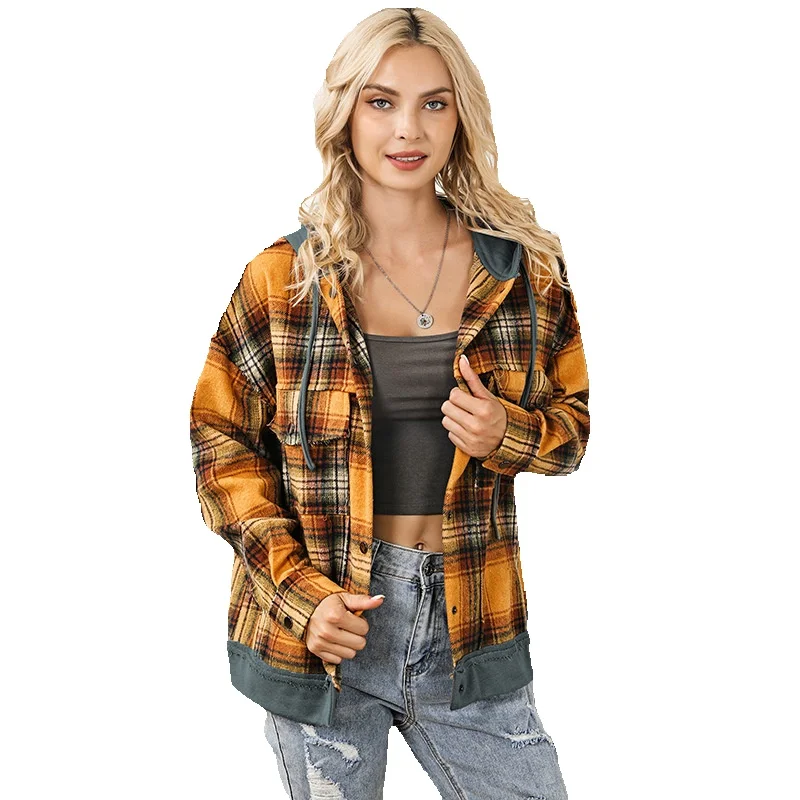 

Shi Ying Autumn And Winter New Checkered Hooded Jacket For Women 2023 Fashion Contrast Color Rubbed Long Sleeve