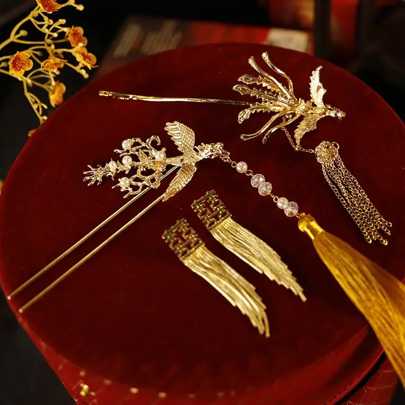 Golden Dragon and Phoenix Jacket Headwear Tassel Phoenix Hairpin Xi Zi Xiuhe Bride Headwear Wedding New Chinese Cheongsam