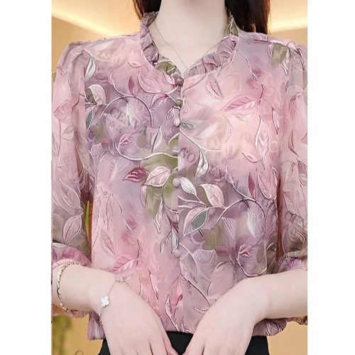 Imagen 2 del producto Blusa con volantes y estampado Floral Vintage para mujer, camisa elegante de manga tres cuartos con cuello redondo, Tops informales sueltos y elegantes para primavera y verano