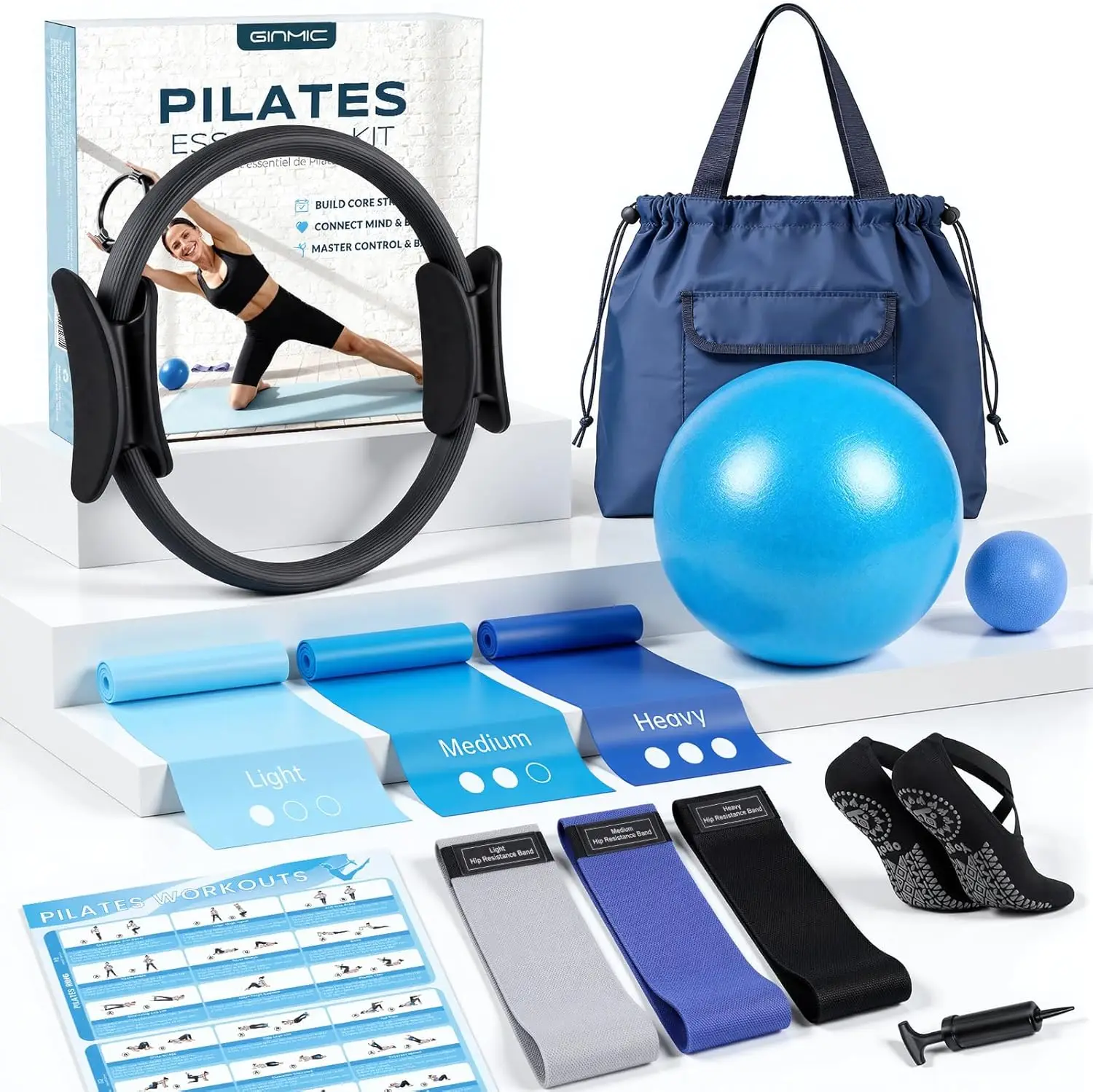 

Набор для пилатеса для женщин: домашние тренировки с кольцом, мячом, эспандерами, носками, массажным мячом и сумкой