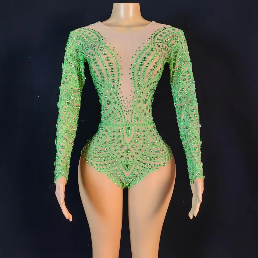 

Women Sparkly Crystal Diamond SexyStretch Bodysuit Performance Dance Costume Nightclub Party Singer Dancer Show Stage Wear