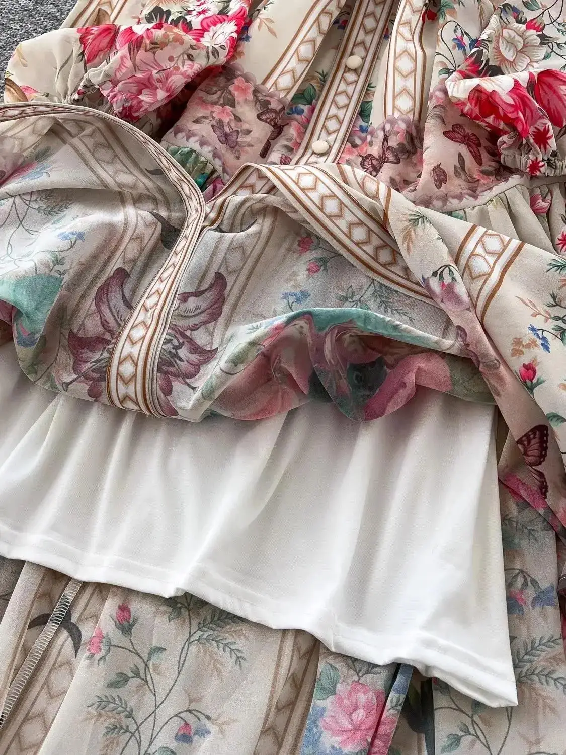 Spring Summer Holiday Chiffon Long Dress Women's V Neck Long Lantern Sleeve Belt Single Breasted Flower Print Maxi Robe Vestidos