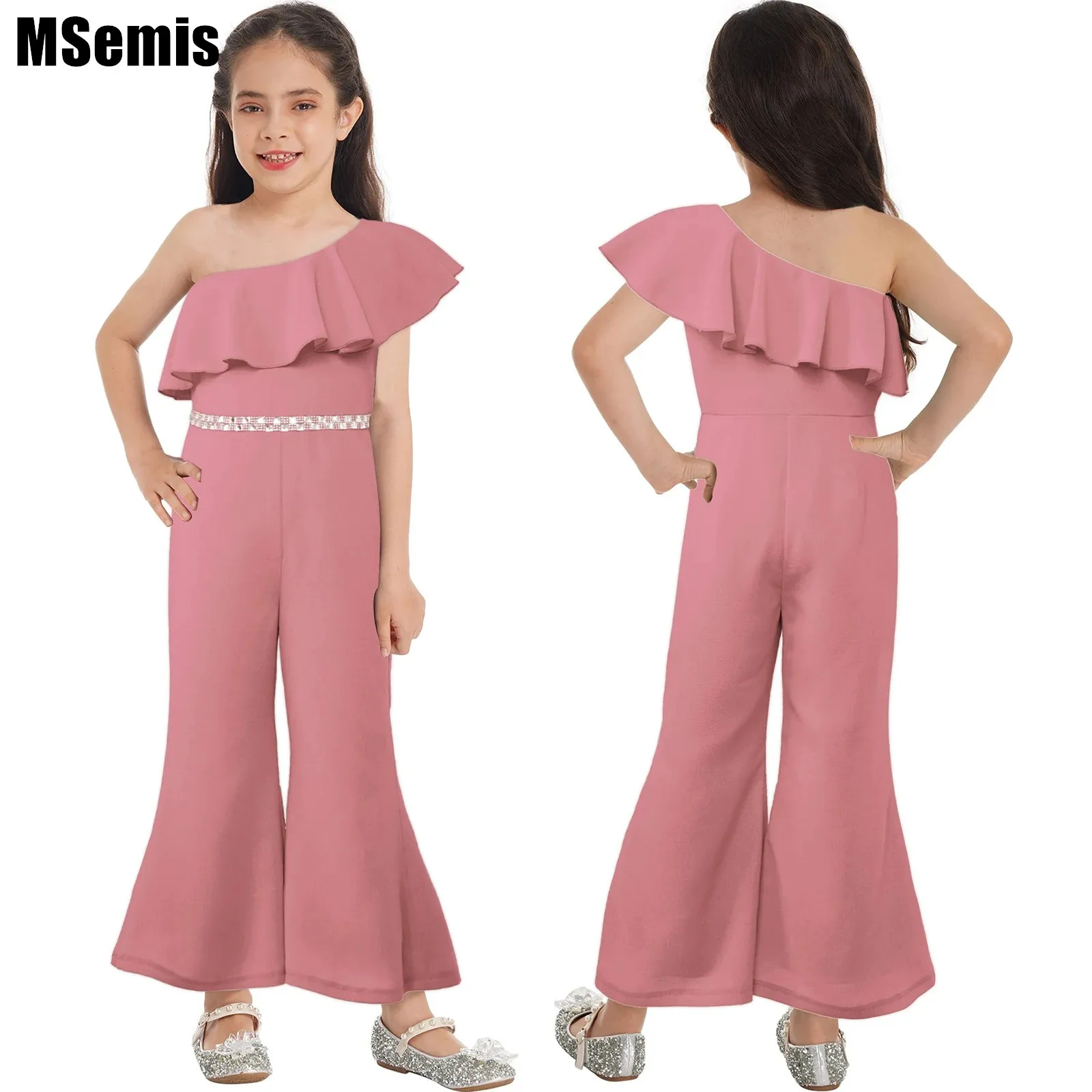 

Girl Jumpsuit One Shoulder Ruffle Dancing Jump Suit Sparkly High Waist Flare Pants Romper for Prom Party Unitard Leotards Girls