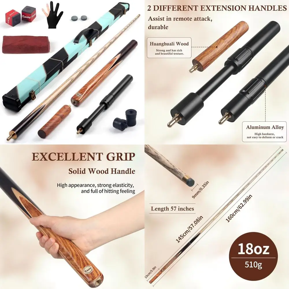 

Professional 3/4 Split Snooker Cue Stick, 57 9mm Tips, 18-20oz, 4-Face Spliced, with Extensions, Case, Chalks, Glove, Protectors