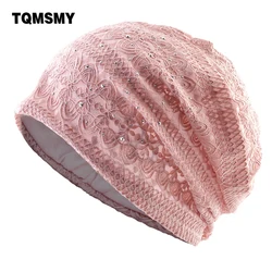 TQMSMY Fashion Lace Bonnet Beanie Ladies Spring Thin Hats Solid Color Breathable Skullies Beanies Women Rhinestone Hats TME277