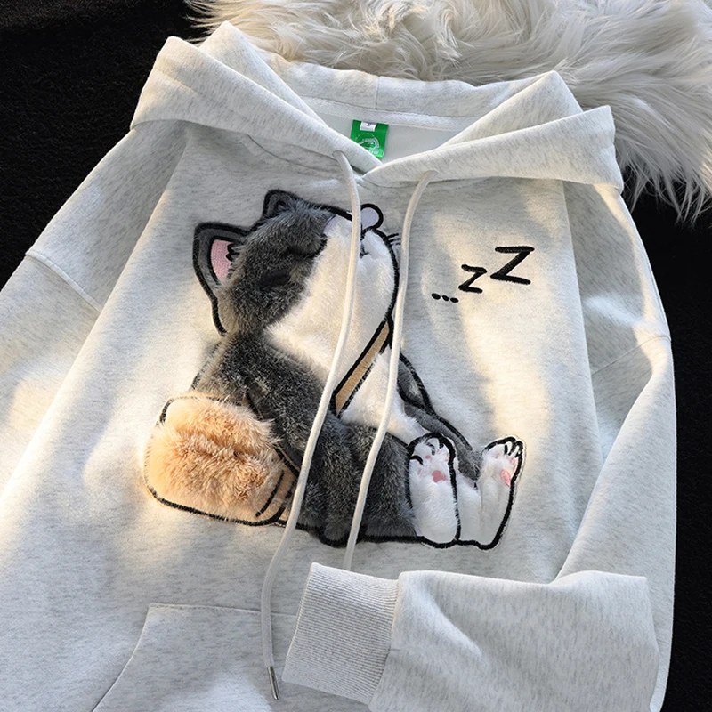 Niedliche kawaii Katze Hoodies Frauen neue Herbst dünne Frauen Pullover interessantes Design Kapuze Sweatshirt Frau y2k Streetwear