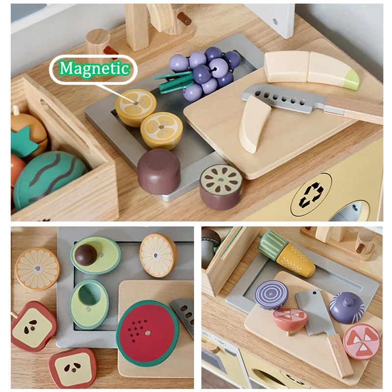 Wooden Pretend Play Kitchen Cutting Food Accessories Set Fruit Vegetable Bakery Meat fish Early Educational Cognition Toys
