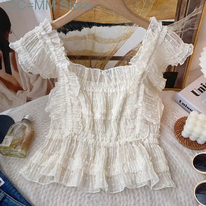 New Elegant Tank Top for Women Summer Sleeveless Square Collar Slim Tanks Ruffles Korean Fashion Casual Crop Top
