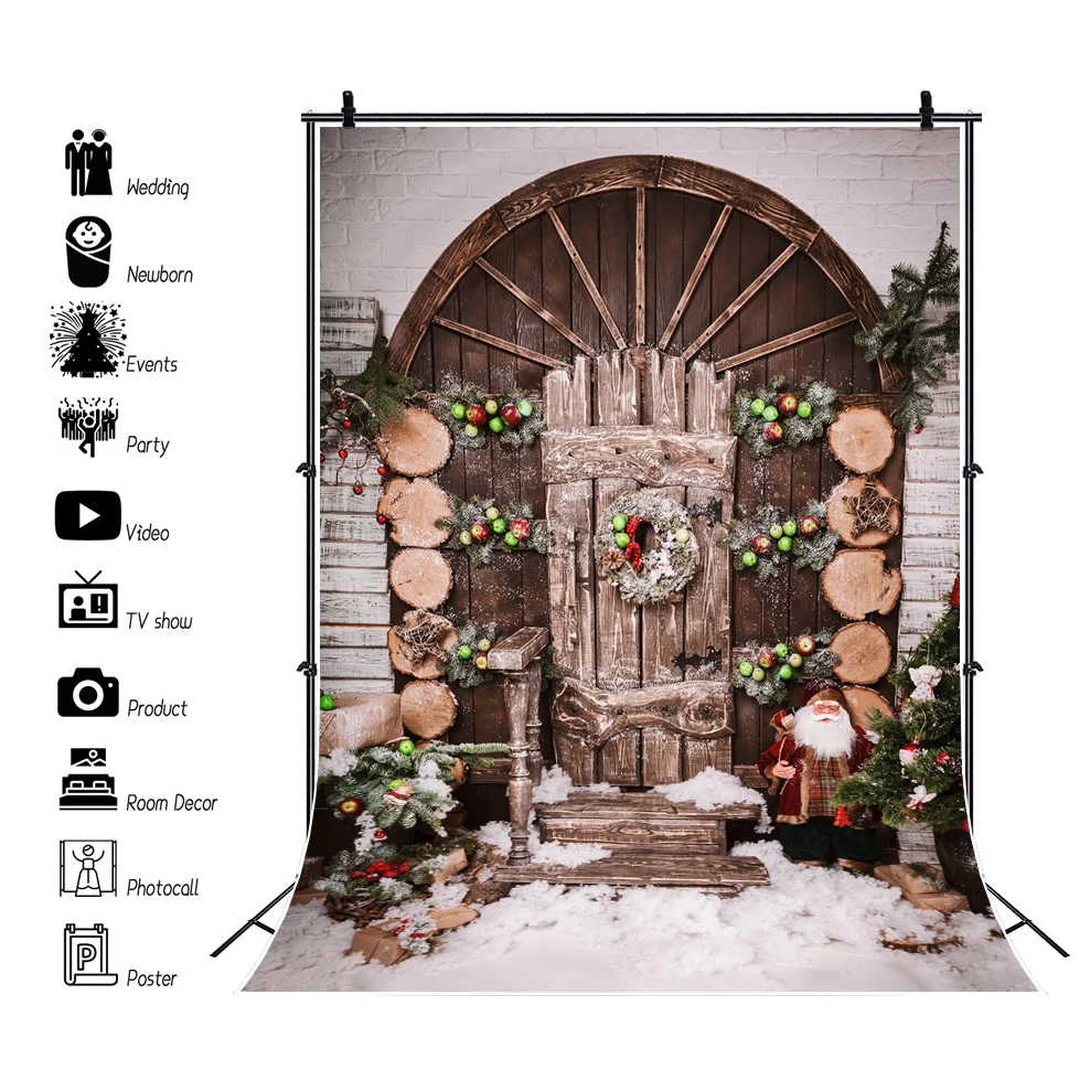 Merry Christmas ฉากหลังสําหรับถ่ายภาพ Xmas Tree เตาผิงหิมะของขวัญบ้านไม้ครอบครัวเด็กภาพพื้นหลัง