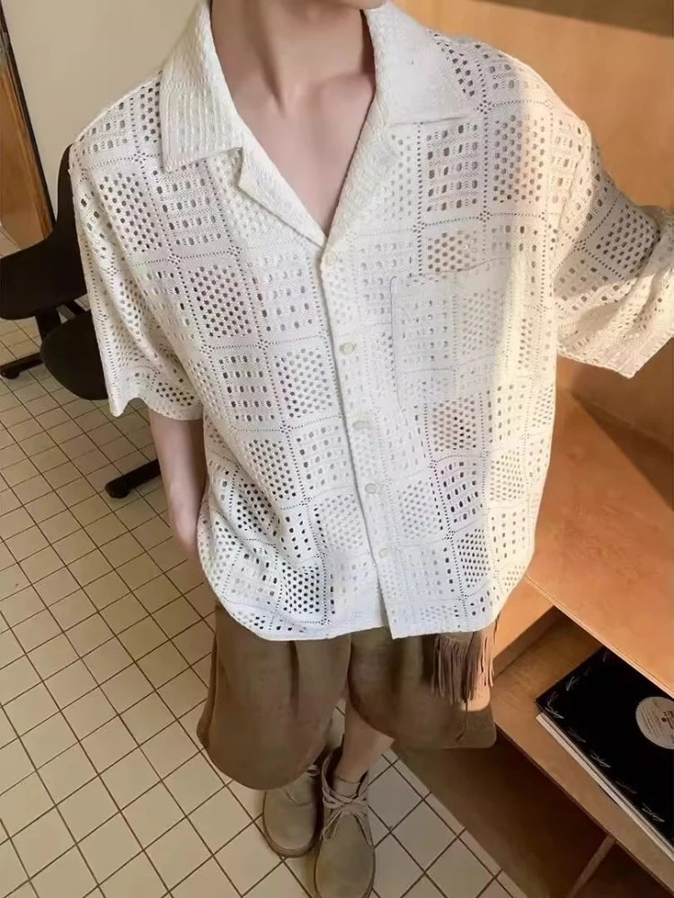 

Vintage Hawaiian Hollow Out Woven Short Sleeve Shirt for Men, Summer Thin Breathable Loose Turn-down Collar Trendy Casual Shirt