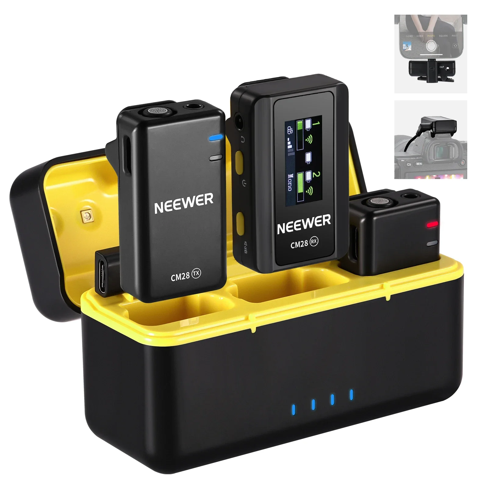 NEEWER CM28 تصميم لاسلكي لميكروفون مع علبة شحن بنقرة واحدة وإلغاء الضوضاء لكاميرا iPhone Android PC