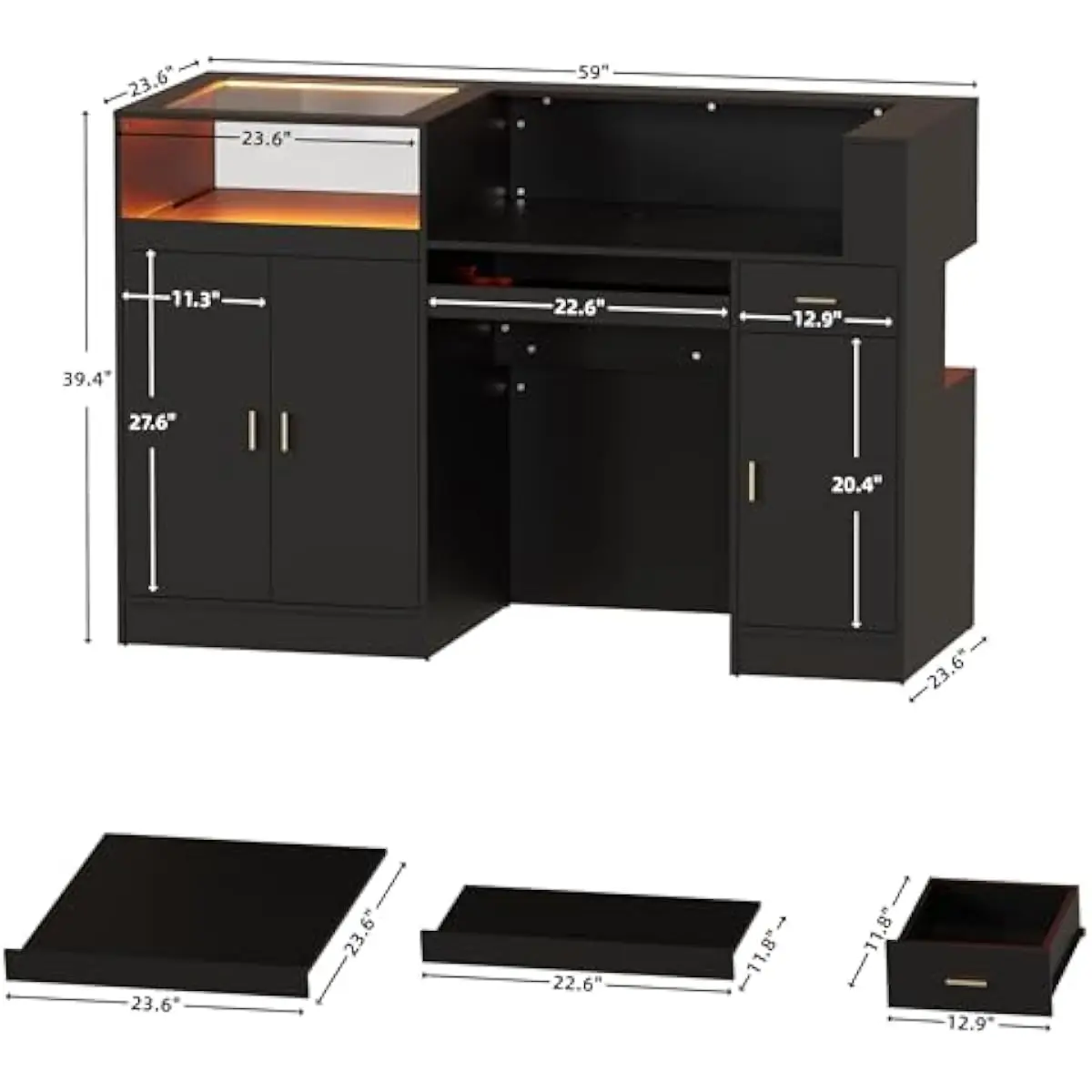 59-inch contemporary reception station featuring integrated touch-sensitive LED strip lighting, tempered glass display shelf, er