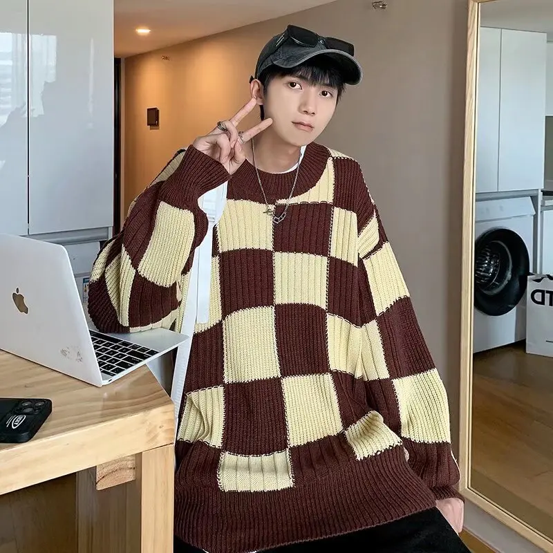 เสื้อสเวตเตอร์ผู้ชายไซส์ใหญ่สำหรับฤดูใบไม้ร่วงและฤดูหนาว ให้ความอบอุ่น แขนยาว คอกลม ถักนิตติ้ง ดีไซน์แบบญี่ปุ่น สไตล์เบสบอล