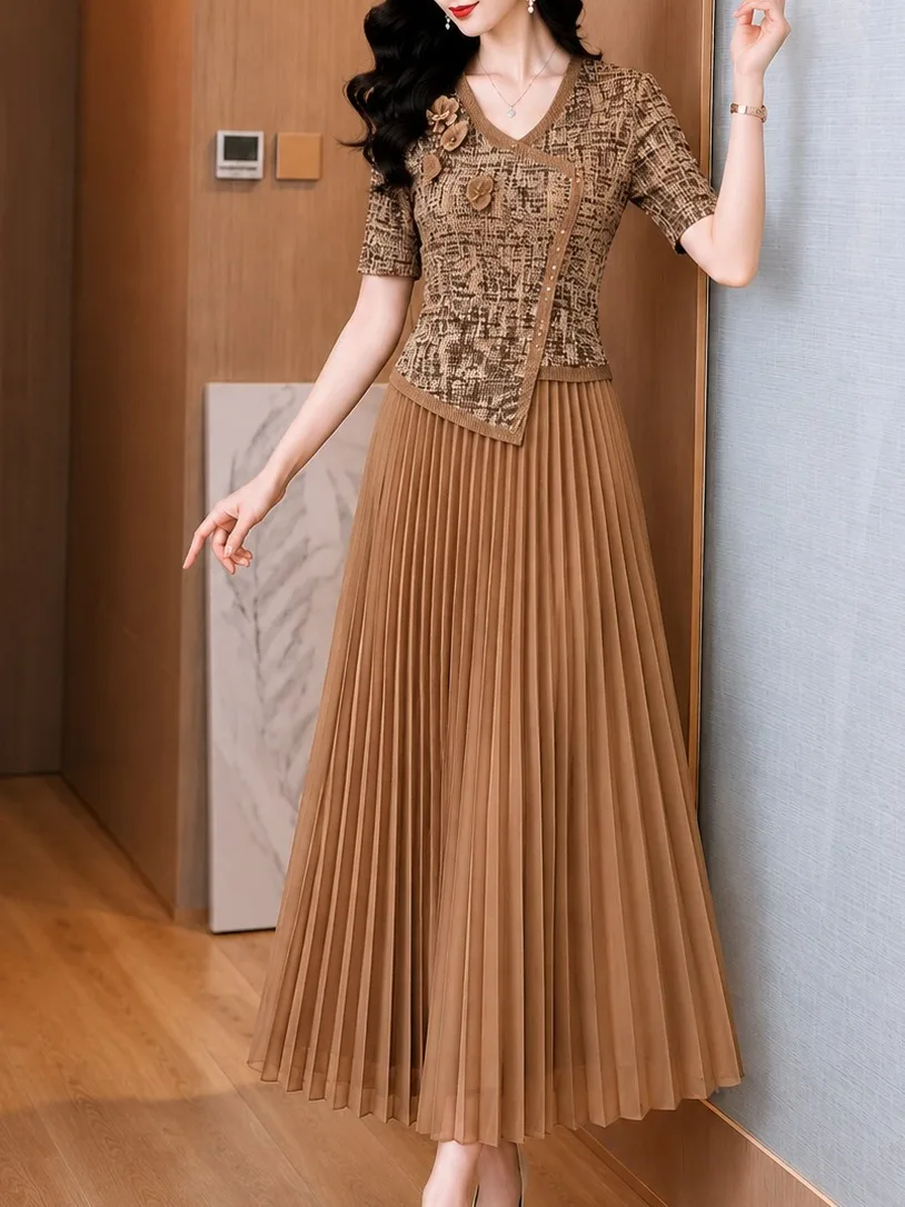 Vestido Elegante de Verano con Pliegues, Cuello en V, Cintura Ajustada, Estampado Floral, Falda con Vuelos, Manga Corta, Poliéster, Estilo Casual de Negocios, para Pasear por la Ciudad
