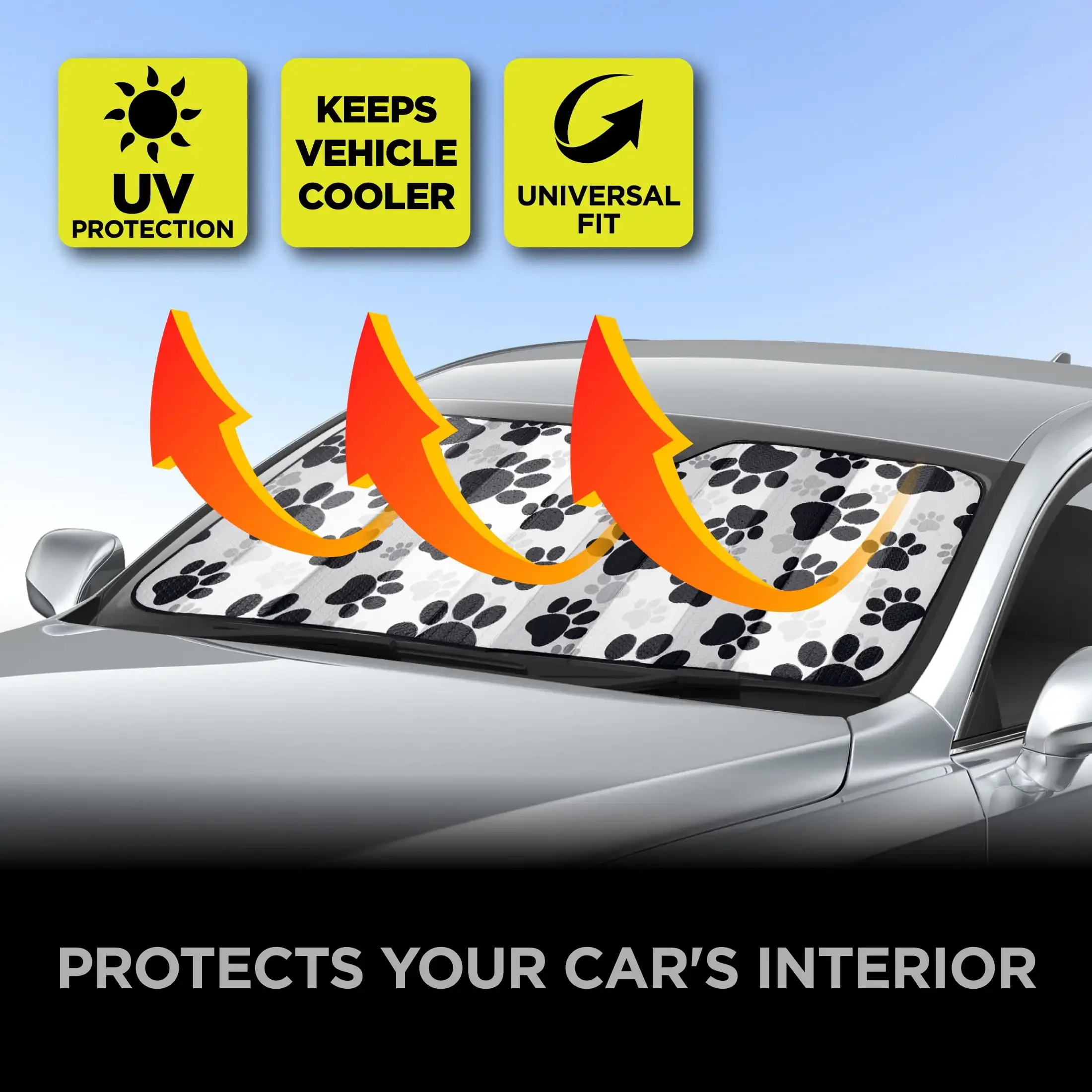 ペット愛好家のための足跡車サンシェード特大63インチx28.5インチアコーディオン折りたたみヒートブロッカーユニバーサルフロントガラス