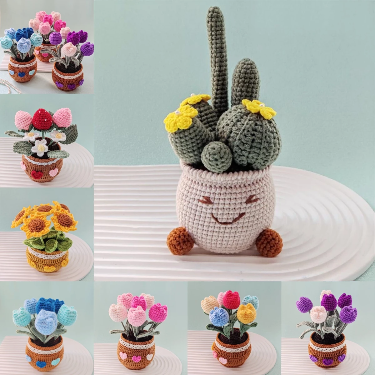 New Unique Crochet Flower Tulip Plant Potted Creative Desktop Knitting Handmade Woolen Yarn Finished Product Car Room Decoration